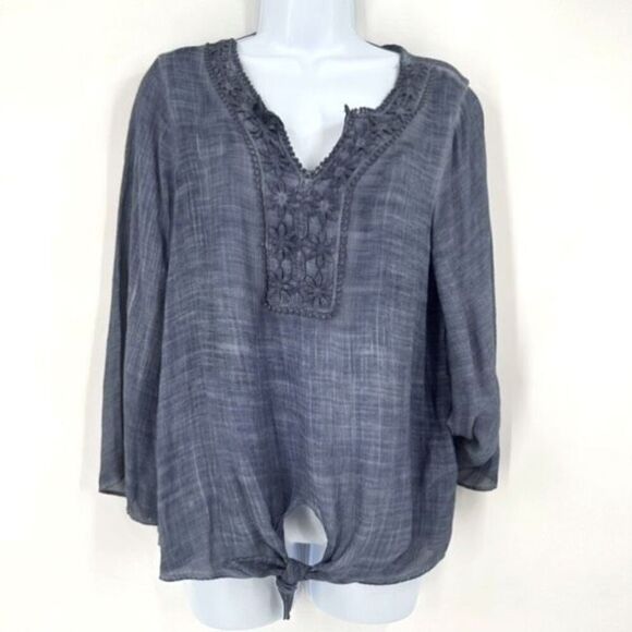 NWT Spense Women's Tie Front Embroidered Bell Sleeve Boho Top Blue Size Small - Picture 15 of 15